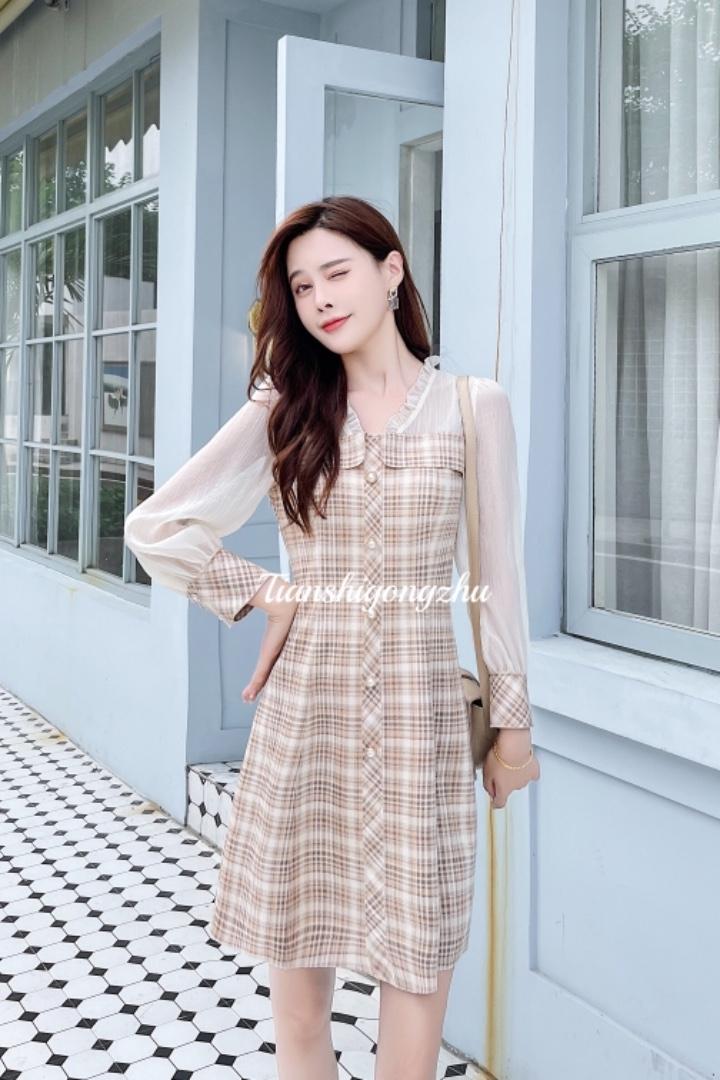 格子烫钻时尚潮流连衣裙，女装连衣裙，天使公主