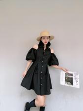 韩版漏肩泡泡袖连衣裙，女装连衣裙，玩美