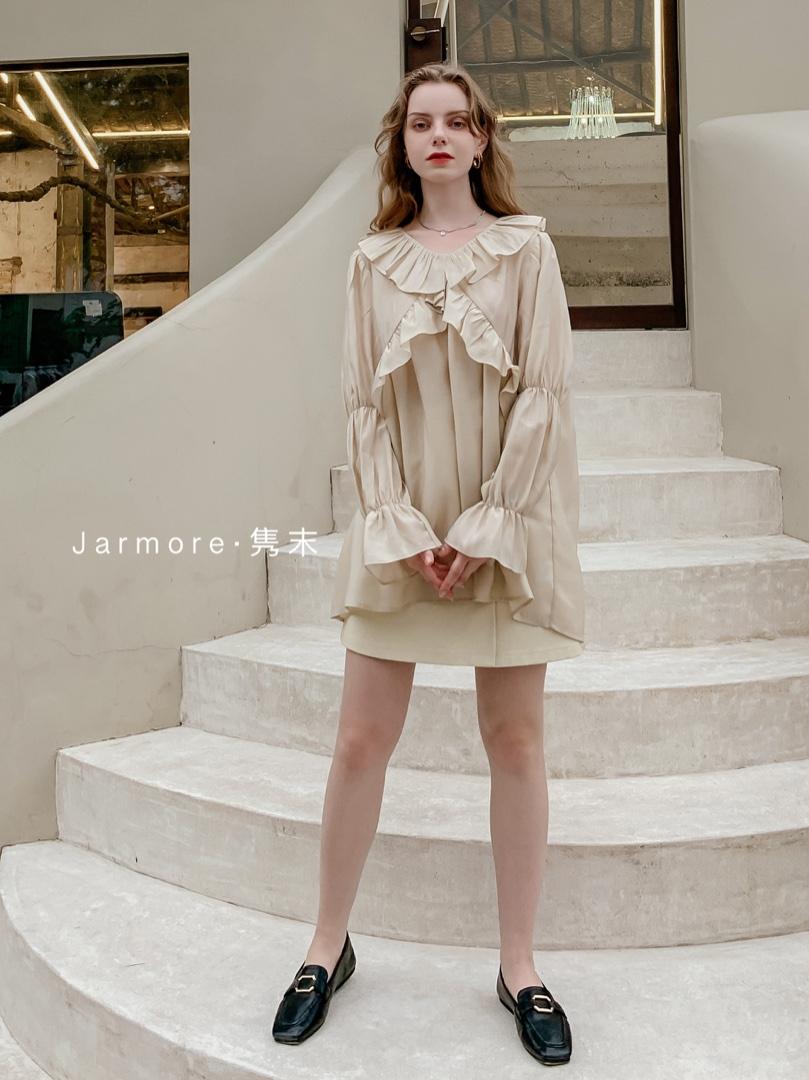 2021秋季荷叶边韩版百搭衬衣黑。白杏3色S-L，其它，Jarmore隽末