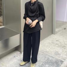 褶皱荡领系带长袖衬衫，女装衬衫，Vase