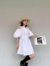 韩版漏肩泡泡袖连衣裙，女装连衣裙，玩美