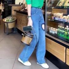 秋装新款漏洞爱心阔腿牛仔长裤，其它，8+9