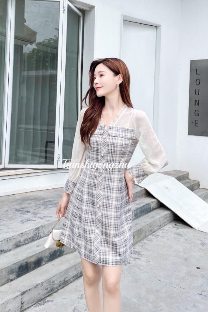 格子烫钻时尚潮流连衣裙，女装连衣裙，天使公主