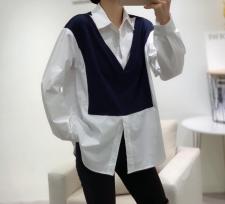 秋季新款韩版新款拼色百搭打底衫衬衫，女装衬衫，索衣缘
