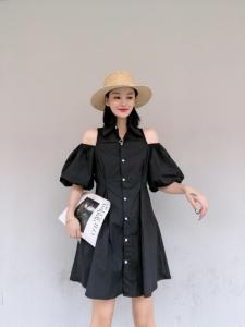 韩版漏肩泡泡袖连衣裙,女装连衣裙,玩美
