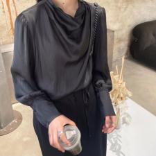褶皱荡领系带长袖衬衫，女装衬衫，Vase