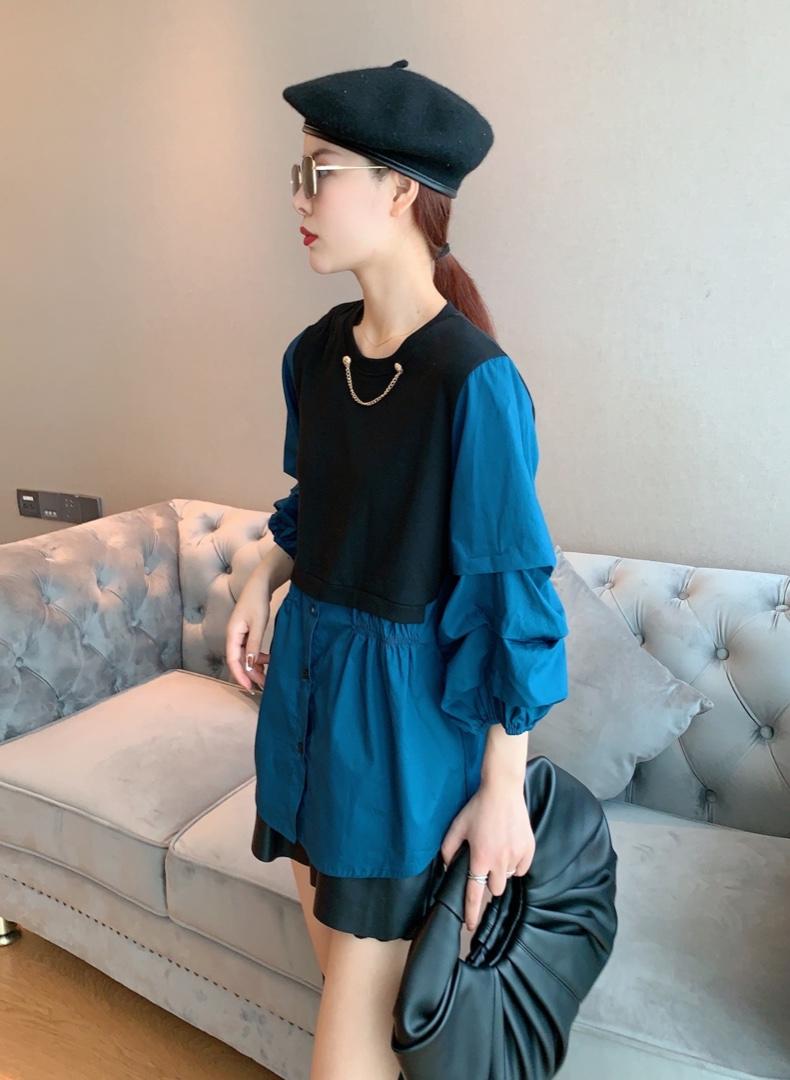 假两件针织拼接衬衫，女装衬衫，云落伊里