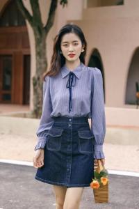 条纹衬衫+牛仔半裙,女装衬衫,慕尚依依
