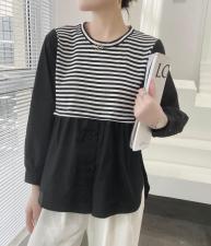 超逸世家4217意法2021年秋季新款长袖拼接条纹衬衫，女装衬衫，超逸世家