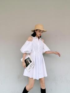韩版漏肩泡泡袖连衣裙,女装连衣裙,玩美