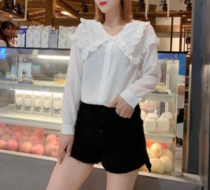超逸世家4217意法2021秋季新款木耳边长袖衬衫休闲百搭,女装衬衫,超逸世家