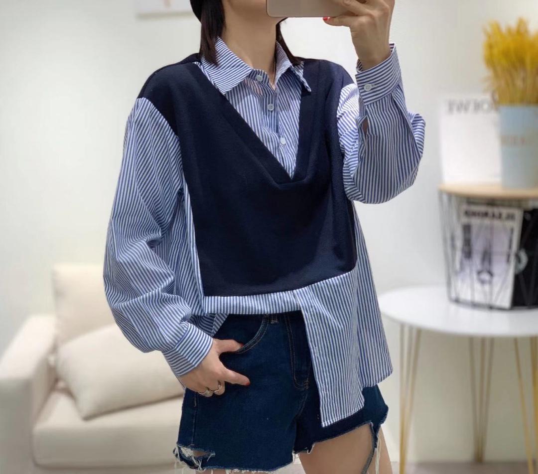秋季新款韩版新款拼色百搭打底衫衬衫，女装衬衫，索衣缘