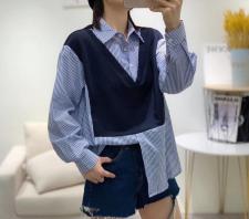 秋季新款韩版新款拼色百搭打底衫衬衫，女装衬衫，索衣缘