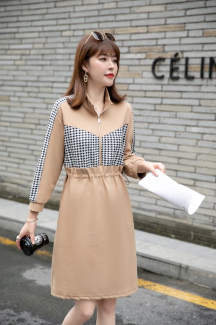 秋装新款上市：罗马针织拼接千鸟格休闲连衣裙M一XXL，女装连衣裙，拉思维加丝