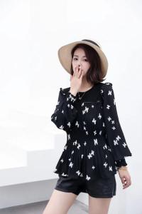 【现货】秋季新款 时尚修身压皱花色雪纺针织拼接上衣,其它,名怡