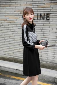 秋装新款上市：罗马针织拼接千鸟格休闲连衣裙M一XXL,女装连衣裙,拉思维加丝