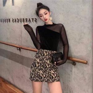 2021秋季新款金丝绒拼网纱半高领长袖修身女打底衫,其它,L·H·X