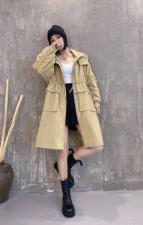 2021秋季新款欧洲站连帽休闲宽松抽绳抽褶工装风衣外套，女装风衣，L·H·X