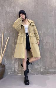 2021秋季新款欧洲站连帽休闲宽松抽绳抽褶工装风衣外套,女装风衣,L·H·X