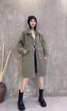 2021秋季新款欧洲站连帽休闲宽松抽绳抽褶工装风衣外套，女装风衣，L·H·X