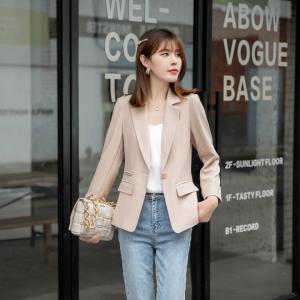 【新款现货】秋季亮丝条纹米色气质小西装,女装西装,水锦红