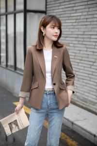 【新款现货】秋季拼格咖色气质小西装,女装西装,水锦红