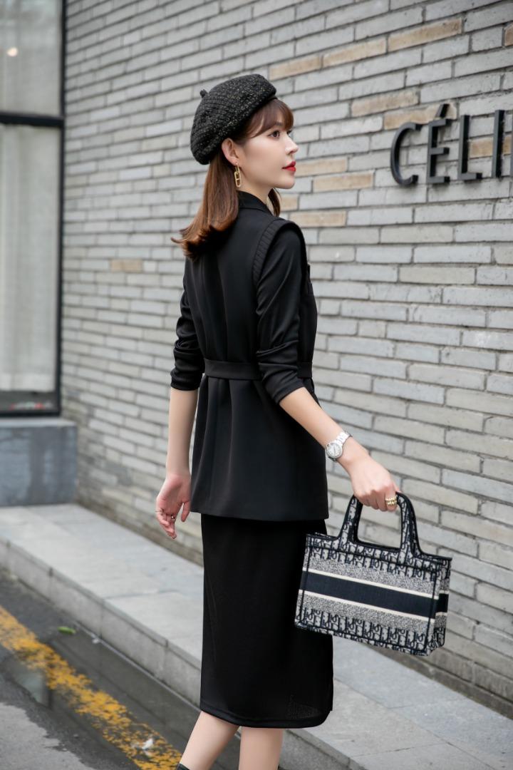 【新款现货】秋季黑色马甲连衣裙两件套，女装马夹，水锦红
