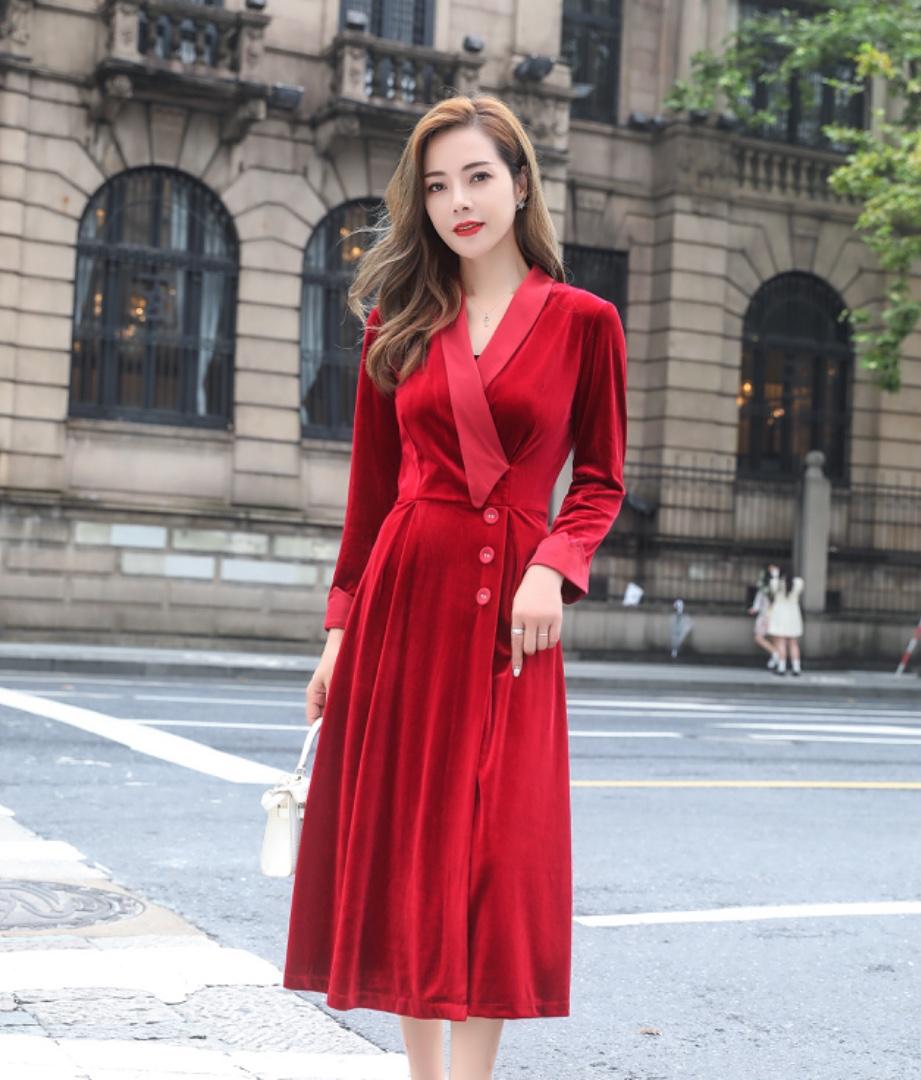 秋季丝绒修身连衣裙，女装连衣裙，蓝芝依秀