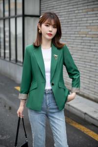 【新款现货】秋季拼格绿色气质小西装,女装西装,水锦红