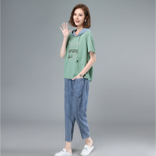 2021夏季新款时尚休闲拼接连帽印花套装，女装套装/套裙，叶笙衣