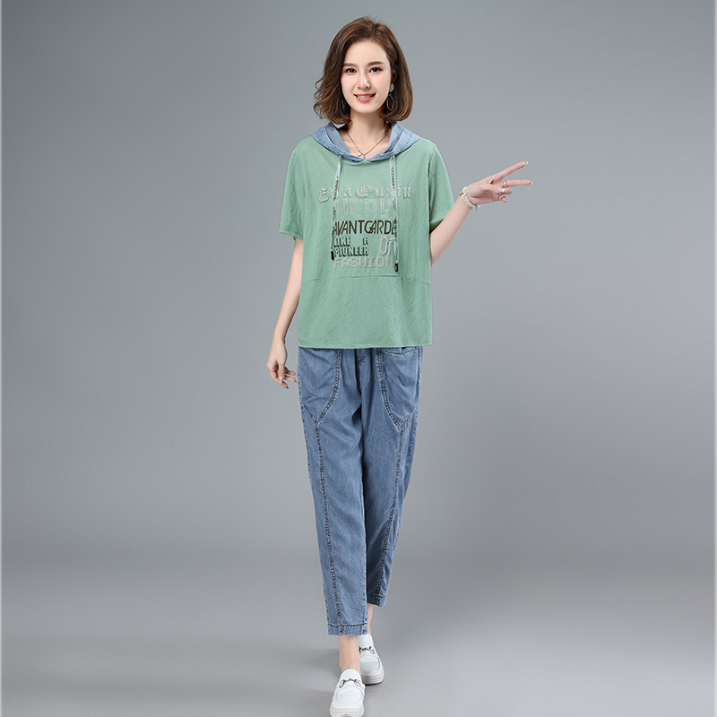 2021夏季新款时尚休闲拼接连帽印花套装，女装套装/套裙，叶笙衣