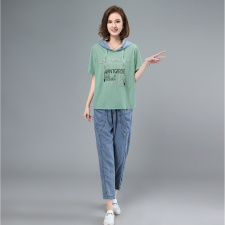 2021夏季新款时尚休闲拼接连帽印花套装，女装套装/套裙，叶笙衣