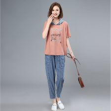 2021夏季新款时尚休闲拼接连帽印花套装，女装套装/套裙，叶笙衣