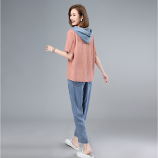 2021夏季新款时尚休闲拼接连帽印花套装，女装套装/套裙，叶笙衣