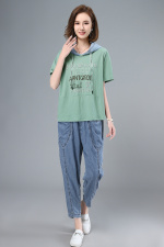 2021夏季新款时尚休闲拼接连帽印花套装，女装套装/套裙，叶笙衣