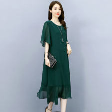 加肥加大码雪纺连衣裙女2025夏新款胖MM遮肚宽松显瘦中年妈妈裙子，女装连衣裙，深妍伊美