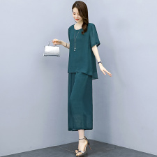 2024夏季新款圆领纯色宽松雪纺套装女七分裤显瘦时尚两件套，女装套装/套裙，深妍伊美