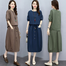 亚麻套装裙女2022年夏季新款女装时尚休闲棉麻文艺宽松两件套套装，女装套装/套裙，关键词