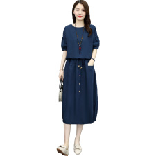亚麻套装裙女2022年夏季新款女装时尚休闲棉麻文艺宽松两件套套装，女装套装/套裙，关键词