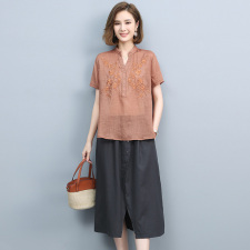 2021夏季新款简约气质V领绣花上衣时尚开叉裙摆两件套裙，女装套装/套裙，丽影随形