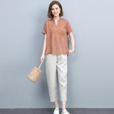 2024夏季新款简约时尚V领绣花上衣松紧腰休闲裤两件套，女装套装/套裙，丽影随形