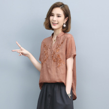 棉麻衬衫女夏2025新款高端大码宽松苎麻小衫中年妈妈短袖亚麻上衣，女装T恤，丽影随形