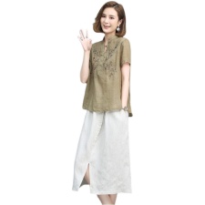 2021夏季新款简约气质V领绣花上衣时尚开叉裙摆两件套裙，女装套装/套裙，丽影随形