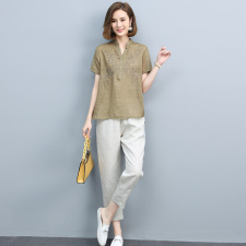 2024夏季新款简约时尚V领绣花上衣松紧腰休闲裤两件套，女装套装/套裙，丽影随形