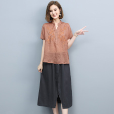 2021夏季新款简约气质V领绣花上衣时尚开叉裙摆两件套裙，女装套装/套裙，丽影随形