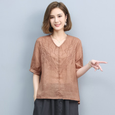 2024夏季新款简约时尚优雅气质V领绣花休闲舒适上衣，女装T恤，丽影随形