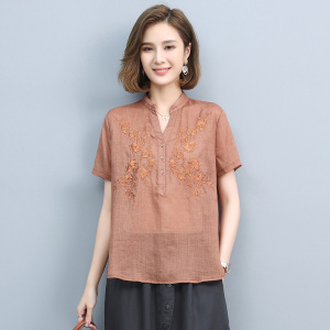 棉麻衬衫女夏2025新款高端大码宽松苎麻小衫中年妈妈短袖亚麻上衣，女装T恤，丽影随形