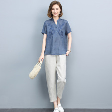 2024夏季新款简约时尚V领绣花上衣松紧腰休闲裤两件套，女装套装/套裙，丽影随形