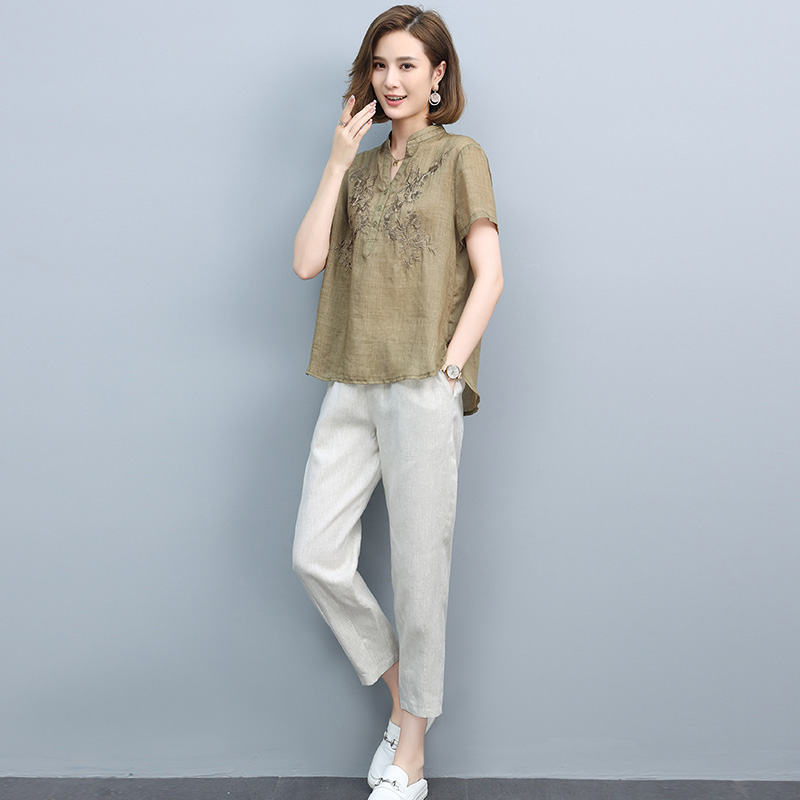 2024夏季新款简约时尚V领绣花上衣松紧腰休闲裤两件套，女装套装/套裙，丽影随形