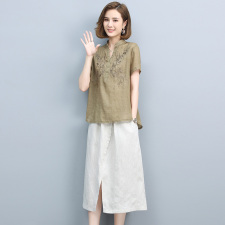 2021夏季新款简约气质V领绣花上衣时尚开叉裙摆两件套裙，女装套装/套裙，丽影随形